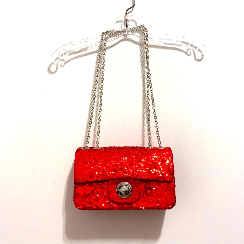Vintage Red Sequin Mini Bag Silver Chain Purse - Picture 10 of 13